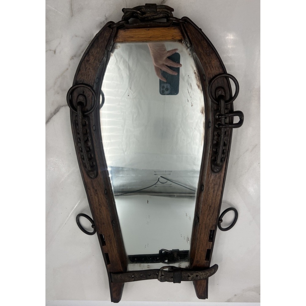 Antique Horse Harness Mirror Rustic Equestrian Decor Wood Iron Leather Wall Art